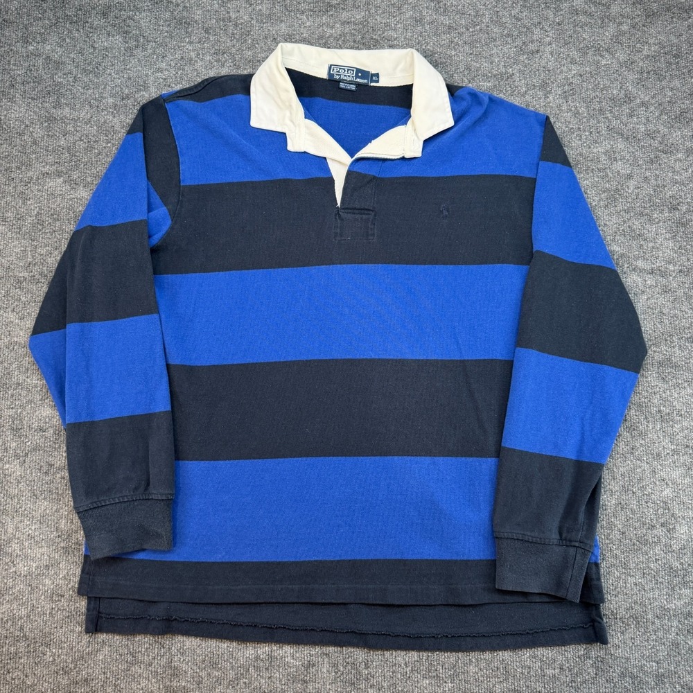 VTG Y2k Polo Ralph Lauren Rugby Shirt Men XL Navy Blue Striped Long Sleeve